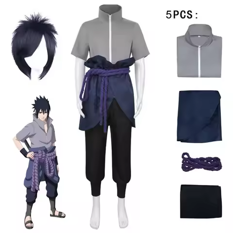 Anime Uchiha Sasuke Cosplay Costume Shippuden Sasuk Full Uniform Set Halloween Carnival Men Grey Top Pants For Wig
