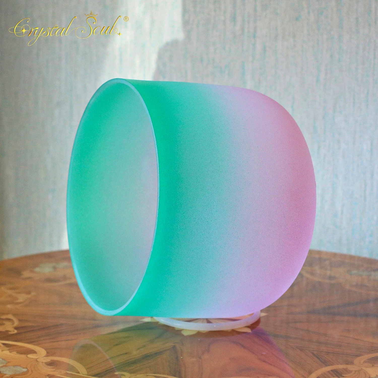 

CrystalSoul 432Hz Pink and Green Gradient Frosted Crystal Bowl with accessories