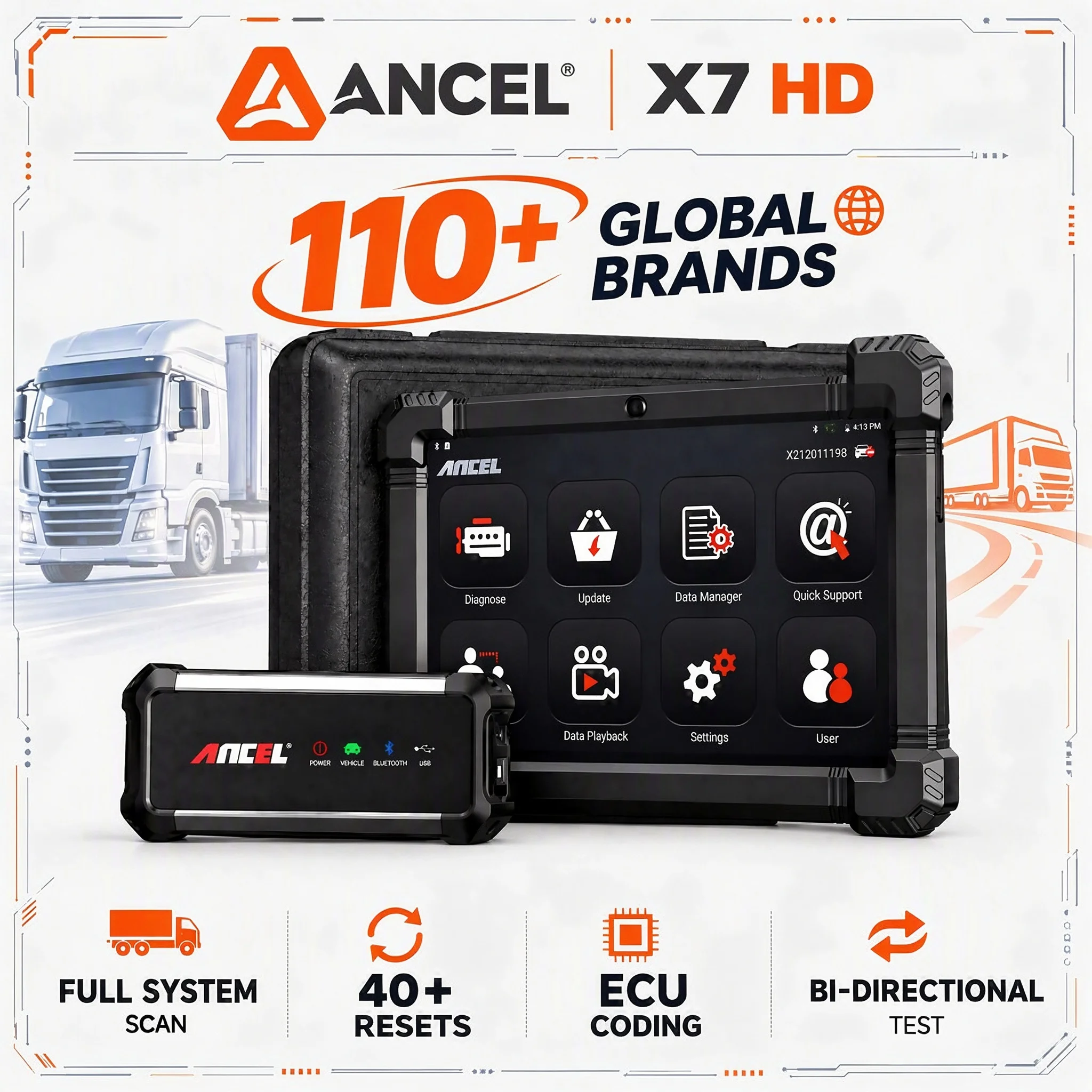 Heavy Duty Diesel Truck Diagnostic Tool ANCEL X7 HD All System ECU Coding 40+ Reset DPF Regen OBD2 Scanner for 12V 24V Iveco MAN