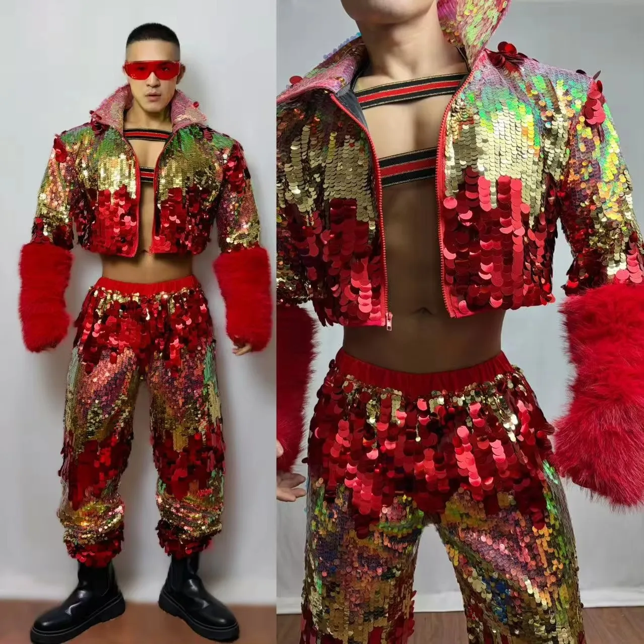 

Gold Red Sequin 2 Piece Set for Men Hip Hop Jazz Performance Costume Jacket Pants Dance Outfit for Carnival Party Nightclub
