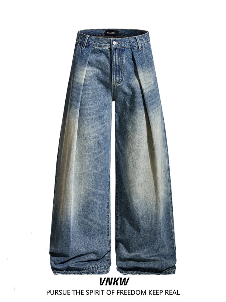 

Джинсы с американской талией в стиле ретро, мужские свободные повседневные широкие длинные брюки с высокой талией, прямые джинсовые повседневные брюки