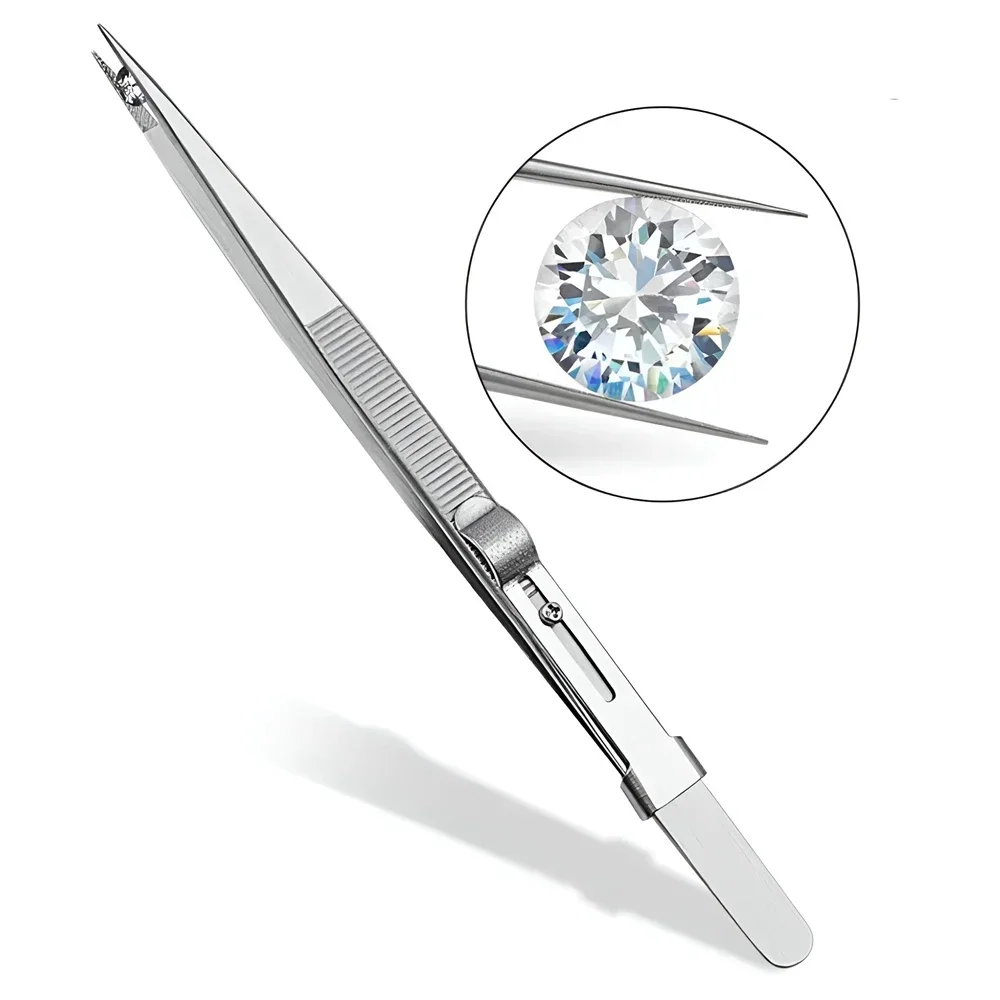 Professional Stainless Steel Tweezers Adjustable with Buckle Slide Lock Antistatic for Diamond Gem Jewelry Making Precision Tool