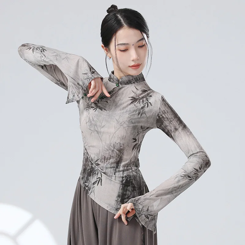 UMI MAO Chinese New Chinese Top Slim Classical Dance Ink Painting Mesh Improved Cheongsam Flared Sleeve Modern Dance Tops