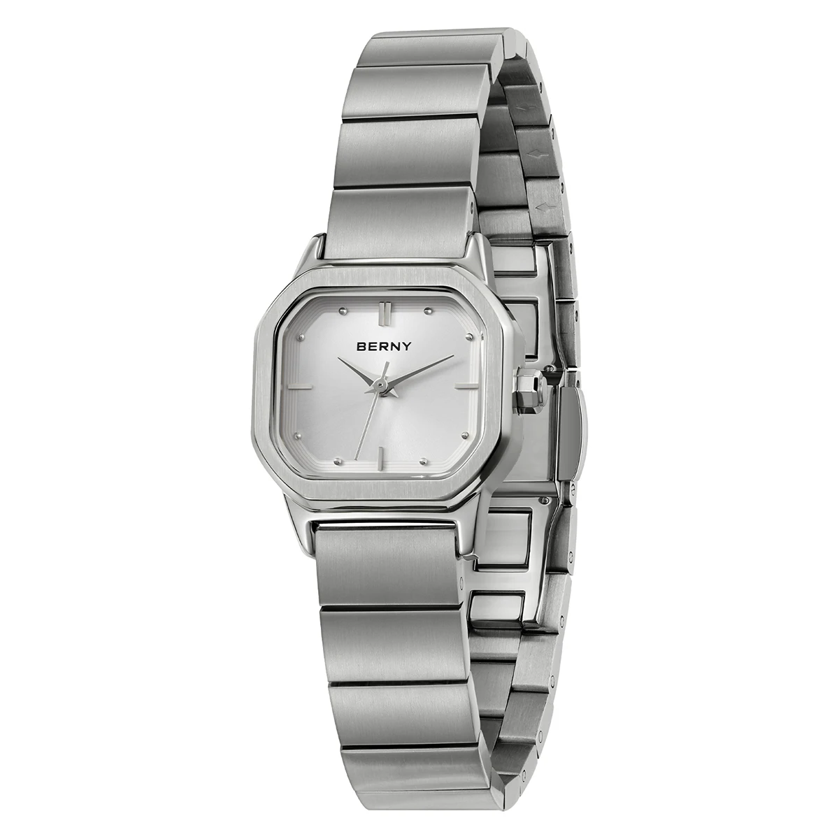 BERNY Watch for Women Silver Full Stainless Steel Square Small Dial Quartz Women's Wristwatch Waterproof Dress Ladies Watches