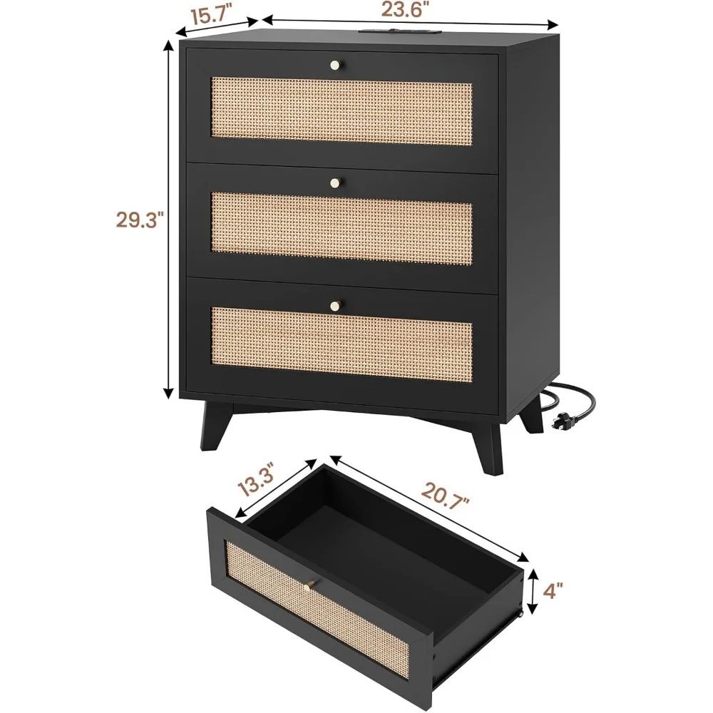 Black Rattan Nightstand Set of 2 with Charging Station, Natural Boho Bedside Table, End Side Table, 3 Drawer Rattan Dresser for
