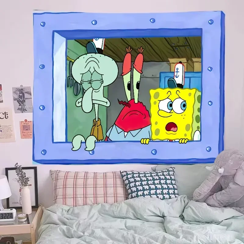 Spongebob Squidward Background Fabric Cute Funny Tapestry Room Bedroom Hanging Decorative Background Wall Fabric Christmas Gift