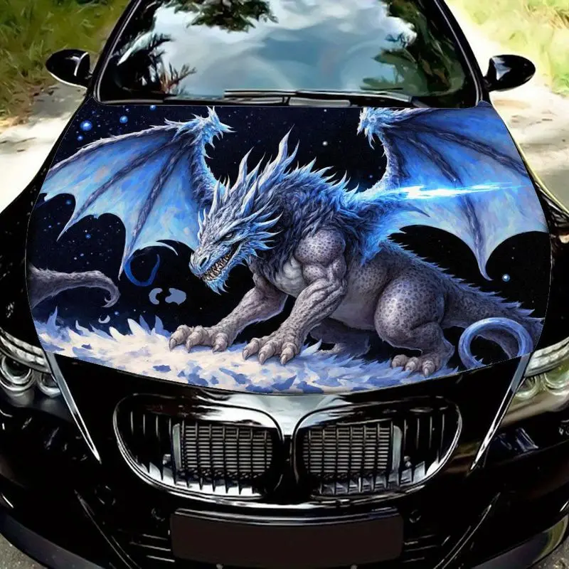 

Blue and white lightning dragon car hood sticker on snowy night, ice scale dragon with bat wing shape, decorative hood