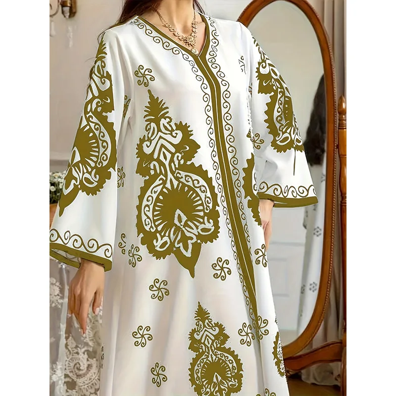 ชุดยาว Abayas ผู้หญิง Eid มุสลิมชุด Bronzing พิมพ์ V คอ Jalabiya อาหรับโมร็อกโกดูไบ Kaftan 2025 Vestidos Ramadan Robe