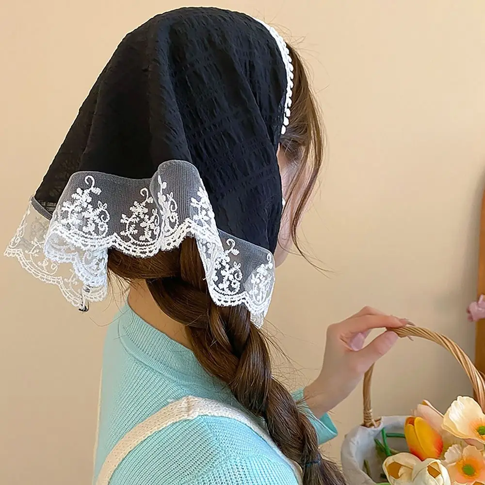 Sweet Lace Headscarf French Pastoral Style Triangular Headband Towel Sun Protection Fringe Headband Girls