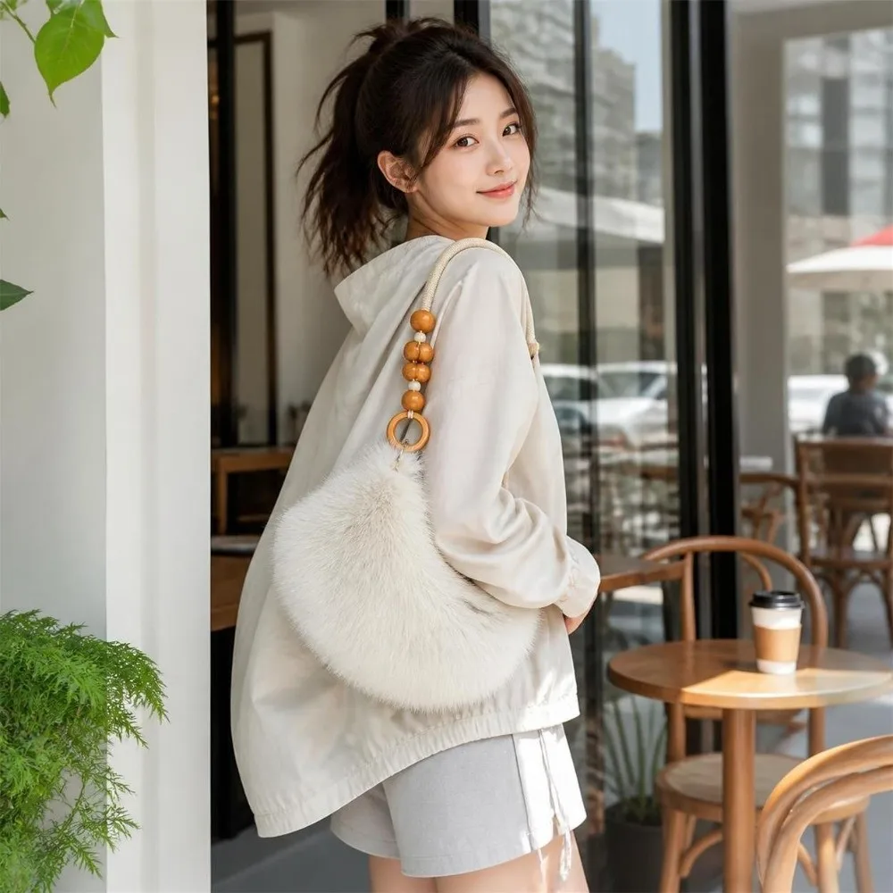 Minimalist Vintage Fluffy Shoulder Bag Zipper Closure Soft Handbag Elegant Wooden Bead Handle Underarm Bag Everyday Use