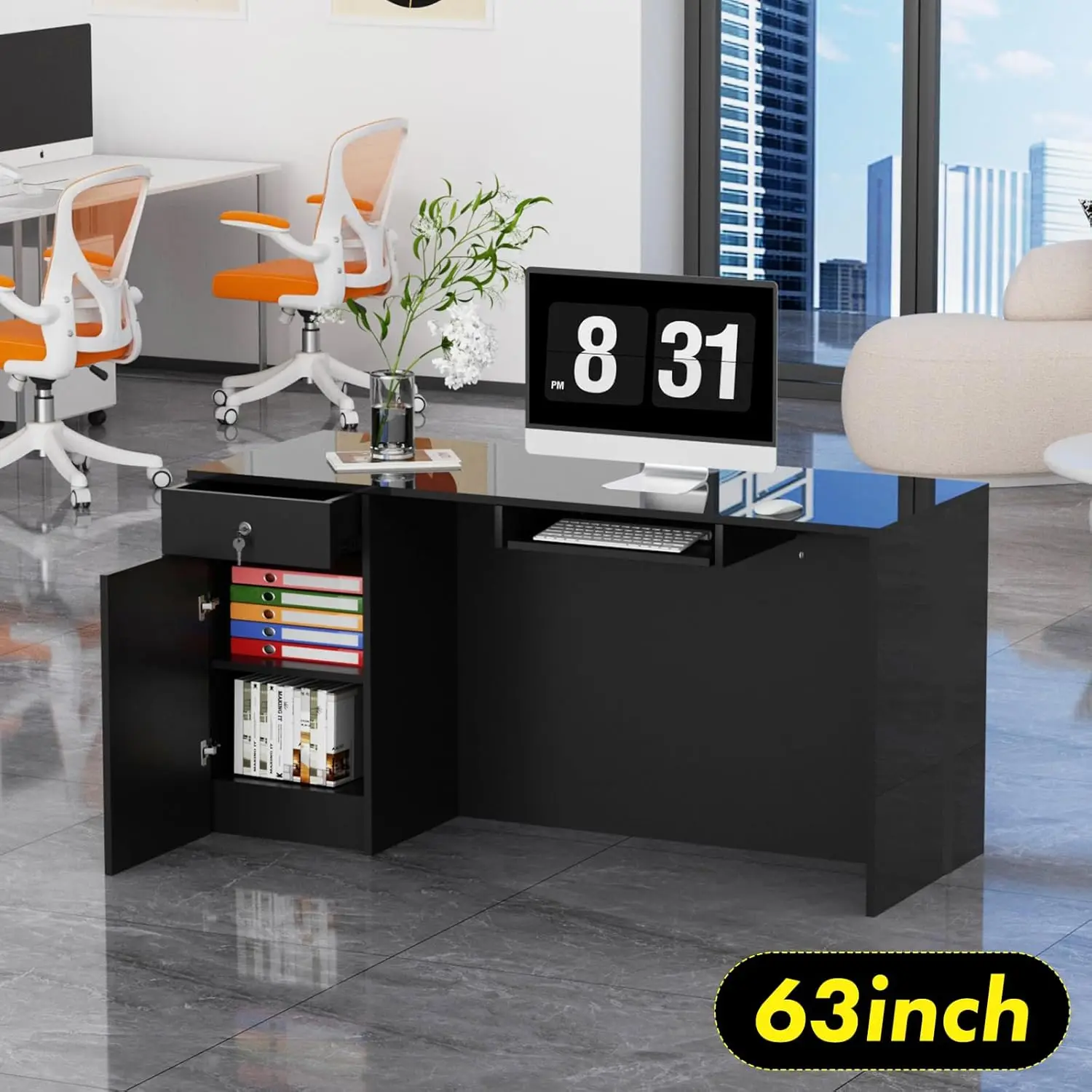 Modern Reception Desk, Solid Wood Reception Desk with CounterCheck Out Stand with Lockable Drawer & Cabinet, Retail CheckoutCoun