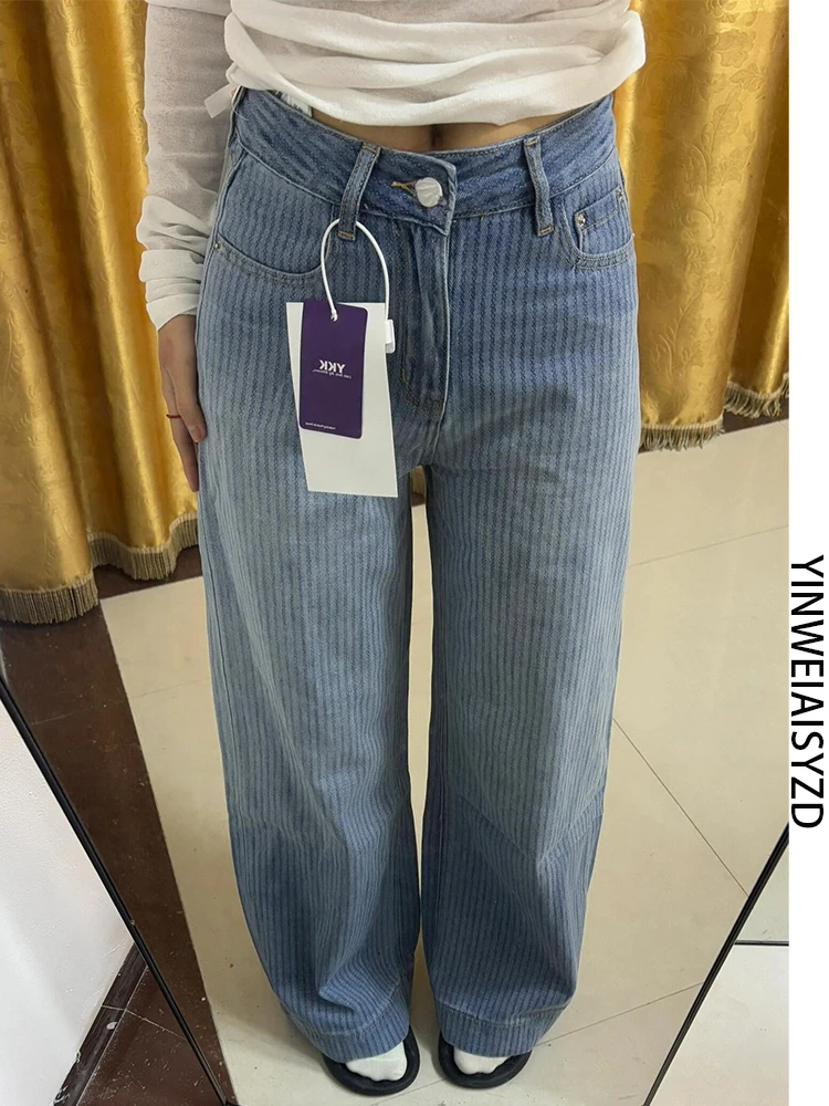 

Джинсы прямого кроя с высокой талией и широкими штанинами, женские весенне-летние новые утягивающие повседневные брюки в полоску