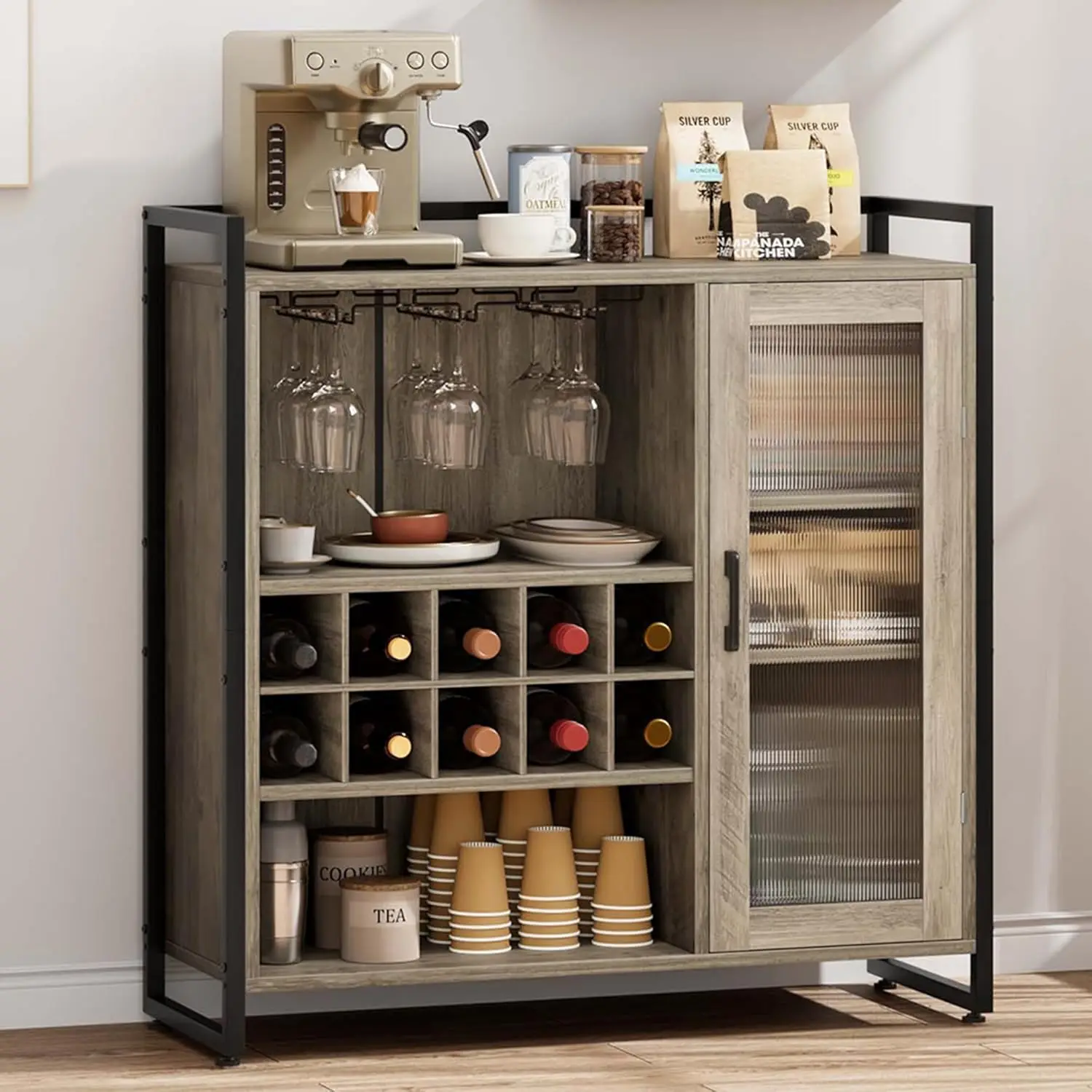 Wine Bar Cabinet with Detachable Wine Rack, Coffee Bar with Glass Holder, Liquor Cabinet Sideboard and Buffet Cabinet