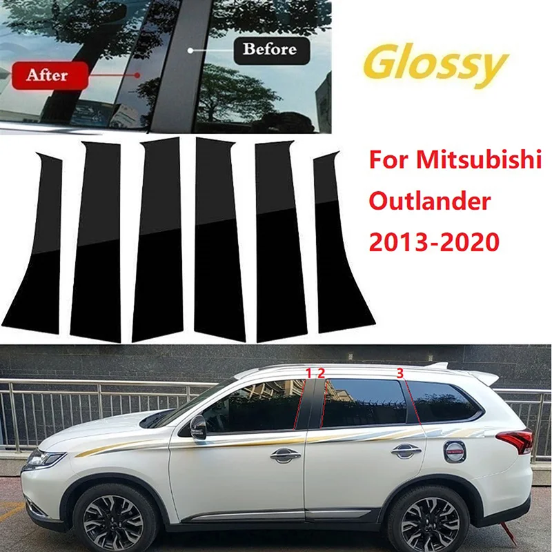 6Pcs Car Pillar Trim Cover Stickers Exterior Parts For Mitsubishi Outlander 2013-2021 Auto Door Post Window Column Glossy Black