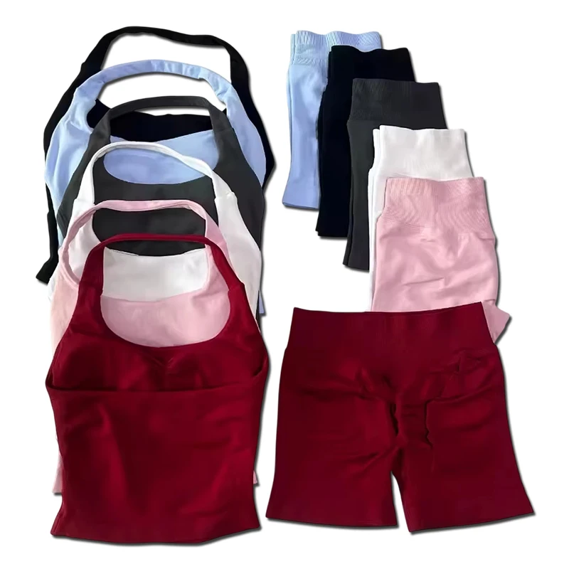 Women 2pcs Yoga Set Halterneck Backless Halter Top High Waist Scrunch Shorts Stretch Seamless Gym Workout Sports Outfit Fitness