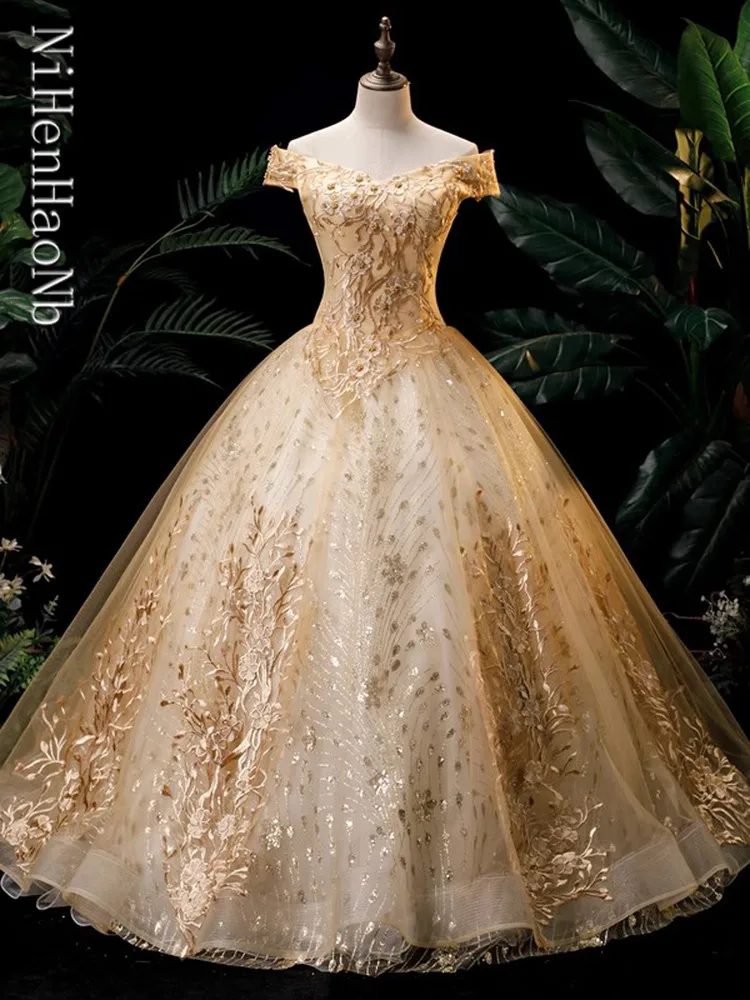 Gaun Gold Quinceanera gaun pesta bahu terbuka gaun pesta Prom gaun pesta dansa gaun klasik Quinceanera ukuran Plus Vestidos