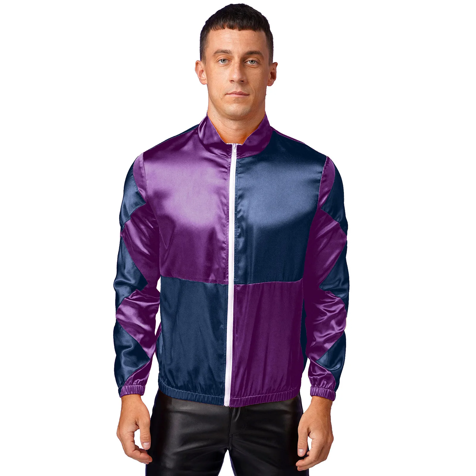 

Mens Jockey Horse Racing Shows Jacket Halloween Circus Cosplay Stage Performance Costume Long Sleeve Zipper Satin Coat Outerwear