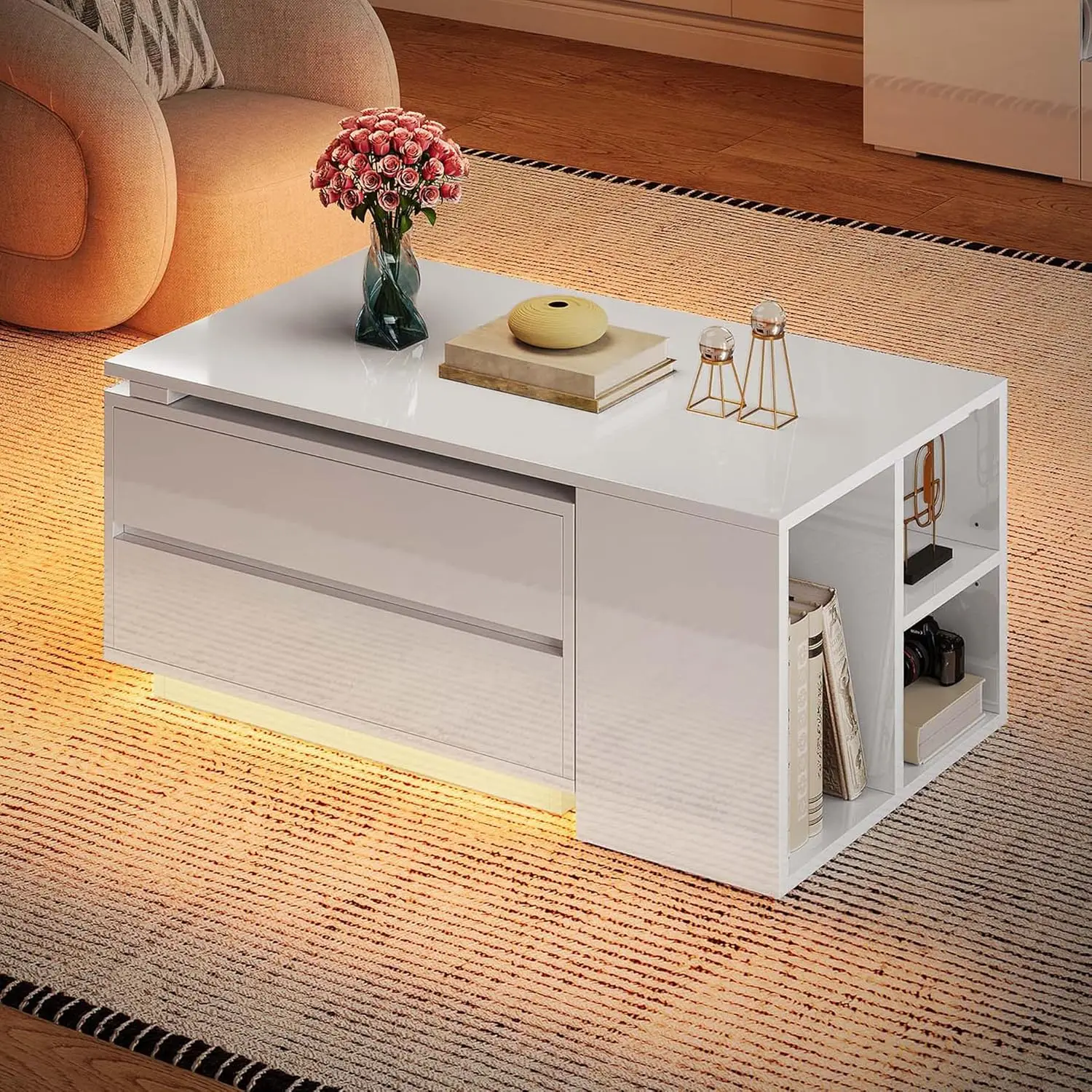 35"-61" Extendable LED Coffee TableModern Wooden Rectangle Cocktail Table with Sliding Tabletop for Living Room, White