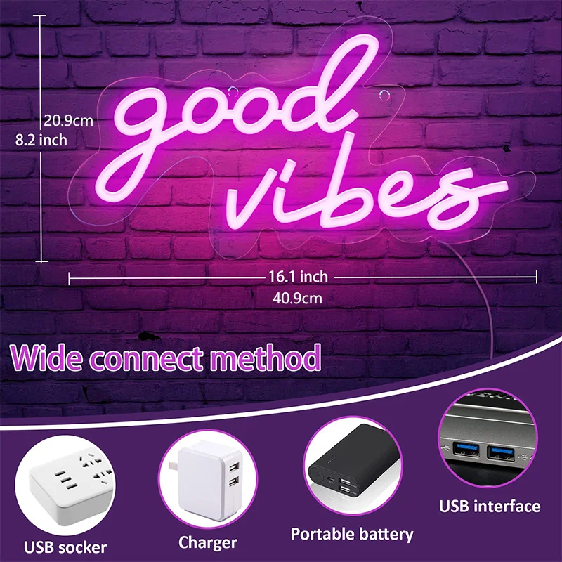 Good Vibes Neon Sign Neon Light Powered by USB  Pink Led Neon Light Sign for Bedroom Wall Decor Game Room Party Bar Decor