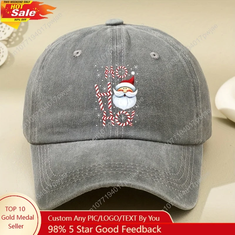 

Women's Adjustable Santa Claus Print Baseball Cap - Black & Red Candy Cane Stripe with HO HO HO Lettering, Breathable White Pipi