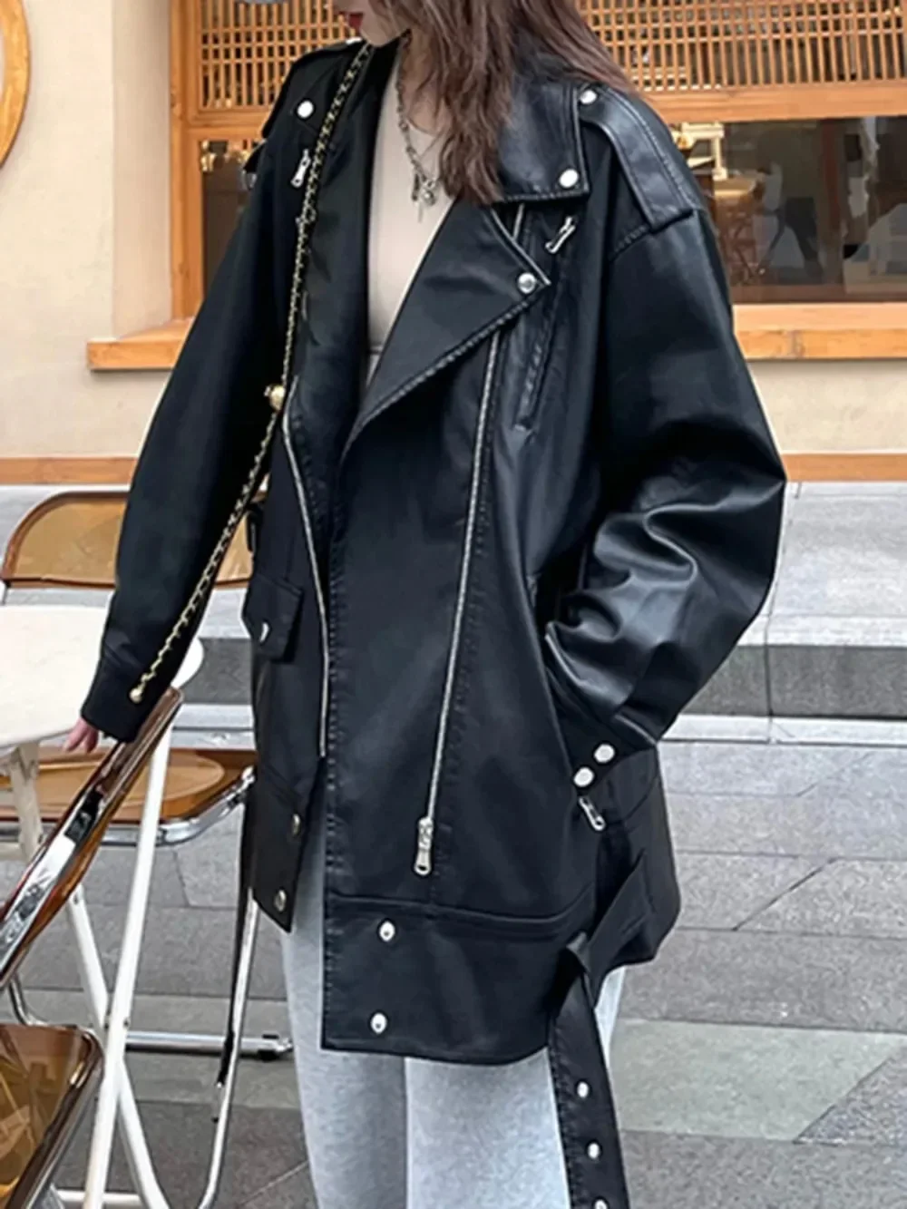 Black PU Leather Jackets European Motorcycle Faux Leather Jackets Fashion Women with Belt Oversize Loose Causal Outerwear