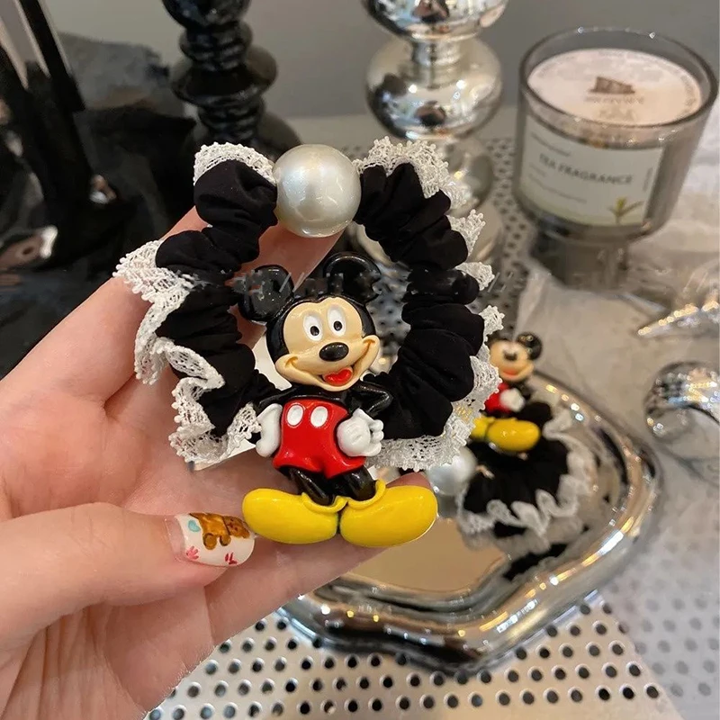 Anillo de pelo con borde de encaje de Anime de Disney Kawaii, dibujos animados de Mickey Mouse, cinta elástica exquisita y dulce, regalo para niña, novedad de 2024