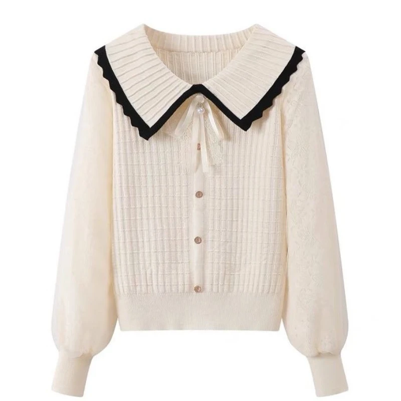 

Spring and Autumn 2024 Doll Neck Women's Chiffon Shirt Simple Lantern Sleeve Women's Gentle Patchwork Knitted Top