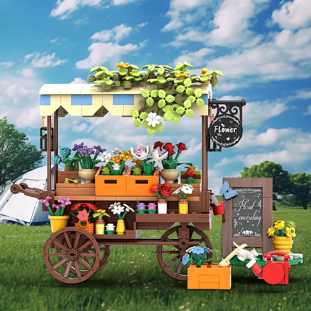 MOC Flower Car Trolley Market Stall Building Blocks Florist Street View Flower Truck Street Bricks Model Kids Birthday Gifts Toy