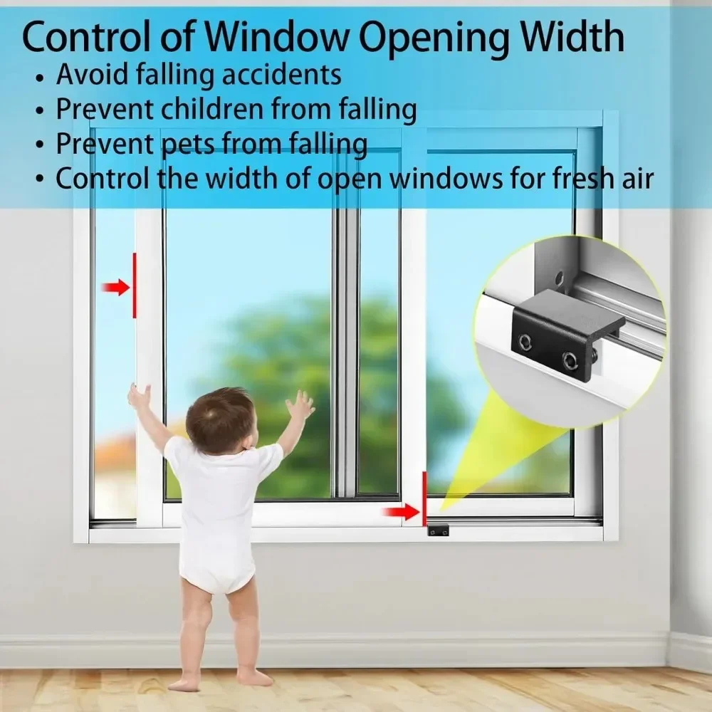 8/6/4 Sets Window Locks for Vertical and Horizontal Windows, Adjustable Aluminum Window Stoppers, No-Drill Install
