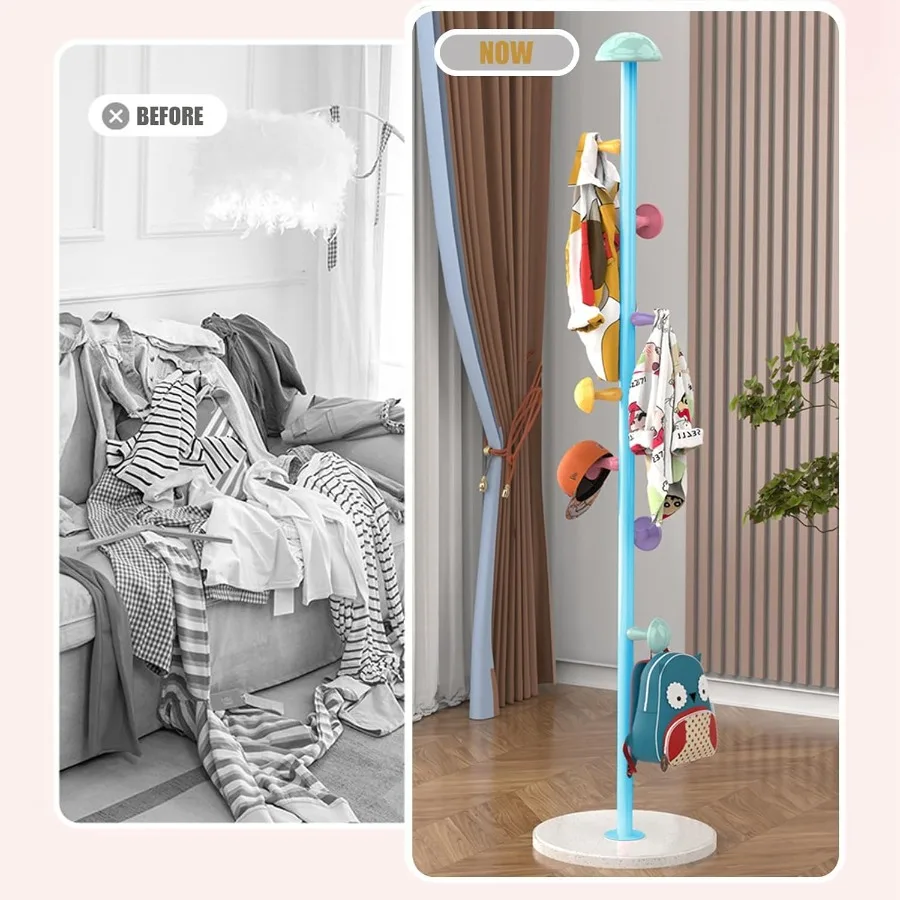 رف معطف معدني قائم بذاته مع 7 خطافات وقاعدة رخامية لمدخل المدخل وغرفة النوم والمكتب قابل للتعديل لتخزين الارتفاع