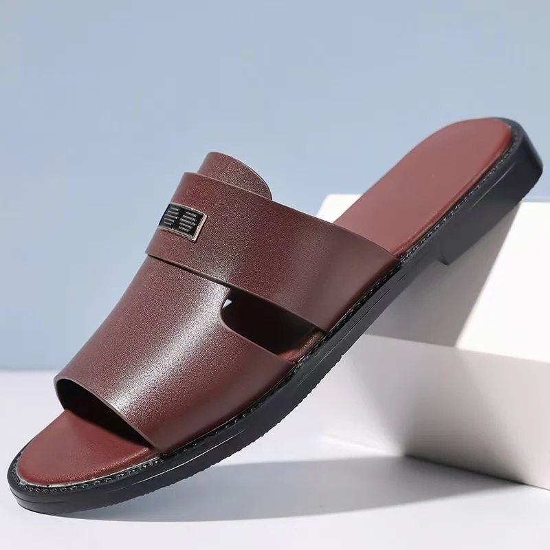Men Summer New Leather Big Size One word Slippers Soft sole Non Slip Lightweight Fashionable Outdoor Beach Slippers sandals