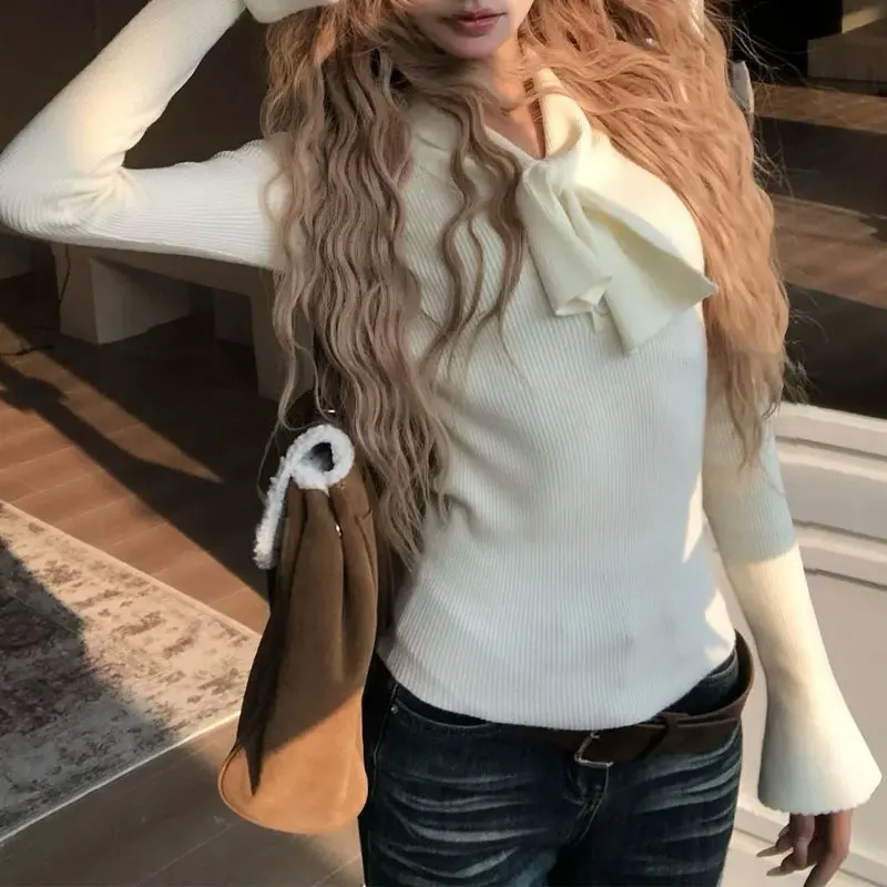 

Autumn Winter Fashionable Drawstring Pullovers Knitted Korean Slim V-Neck Female Clothing Solid Color Basic Long Sleeve T-shirts