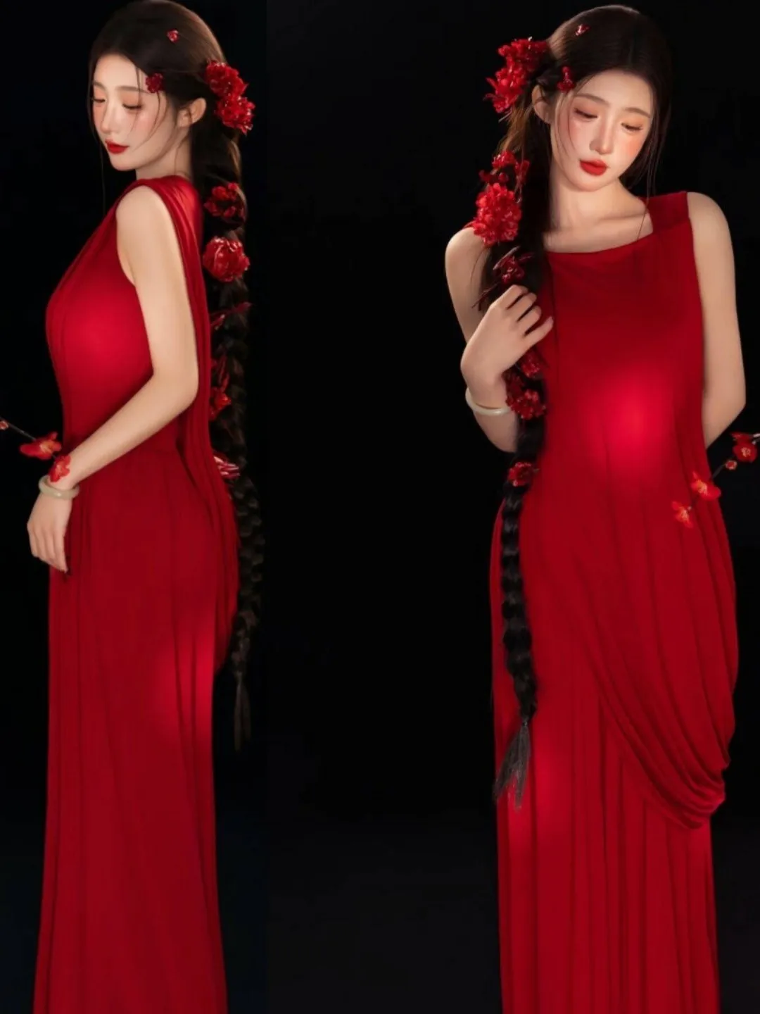 

Retro Chinese Style Long Red Evening Dress for Engagement And Wedding Breakfast Robe Elegant Atmosphere Small Audience