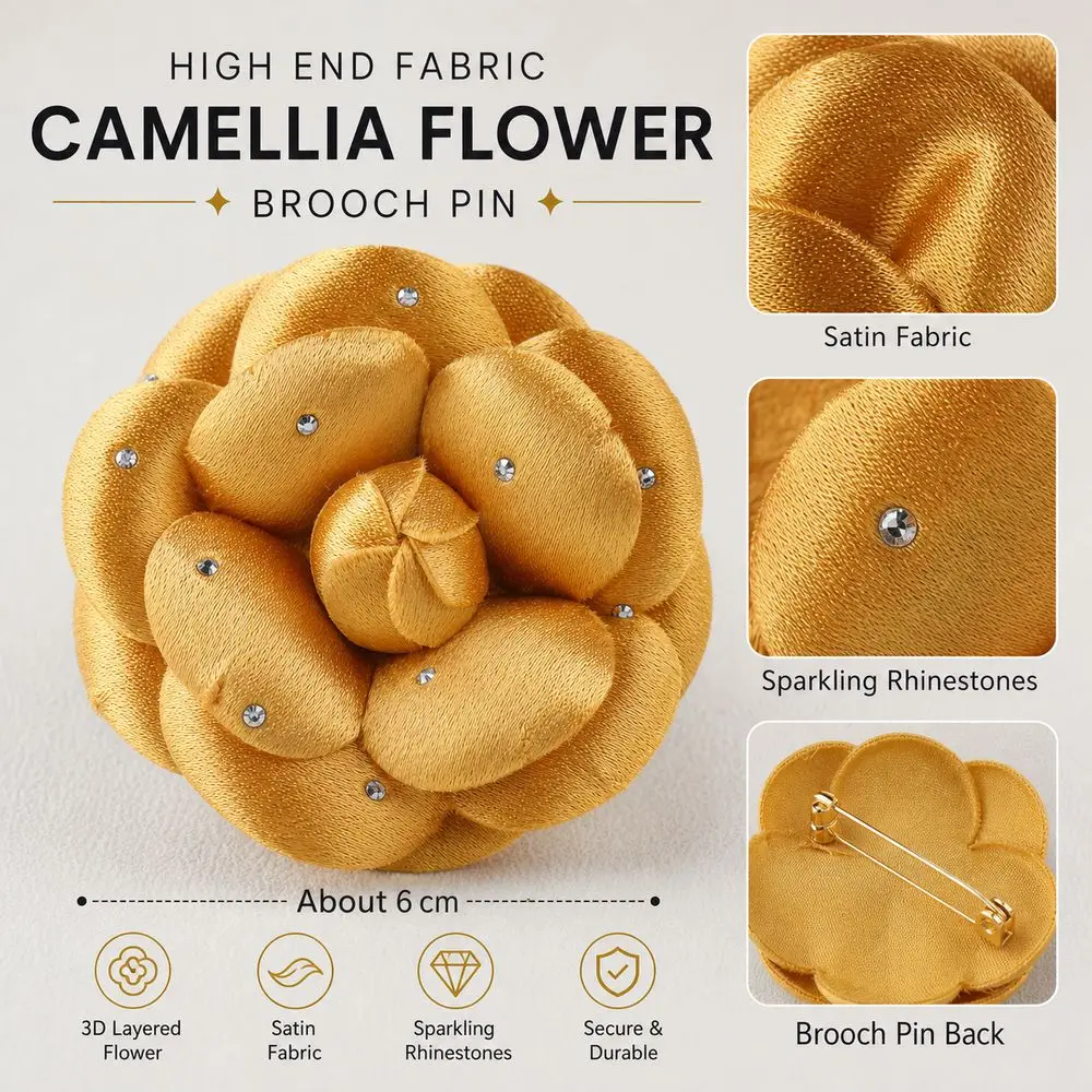 Satin Camellia Flower Embellishment Rhinestone Accents Handmade Satin Flower Ornament Layered Petals Soft