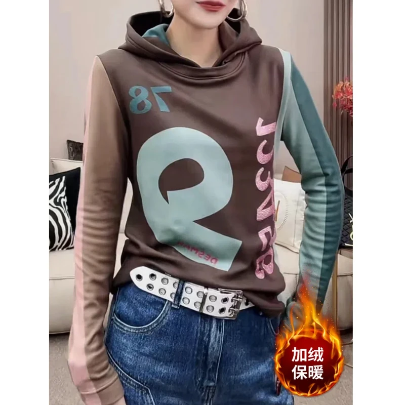 German Velvet Fashionable Printed Pullover Long Sleeved Top for Women with a Sense of Luxury and Western-style Hooded Sweatshirt