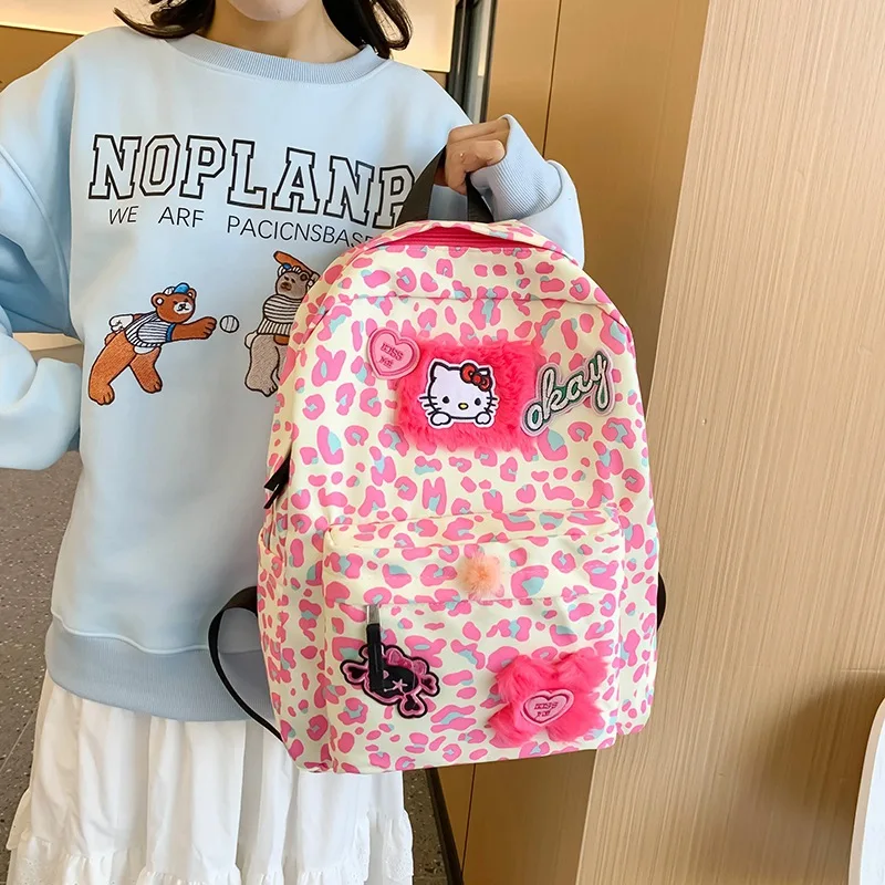 

Sanrio Hello Kitty Cartoon Pink Leopard Print Large-Capacity Backpack Ins Leisure Travel Backpack Students Schoolbag Girl Gifts