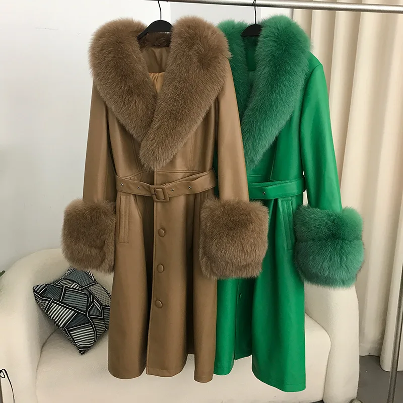 Hot Sale 2024 New Autumn/Winter Big Fox Fur Collar Leather Coat for Women's Long Style Fashionable and Elegant Waist Closing She