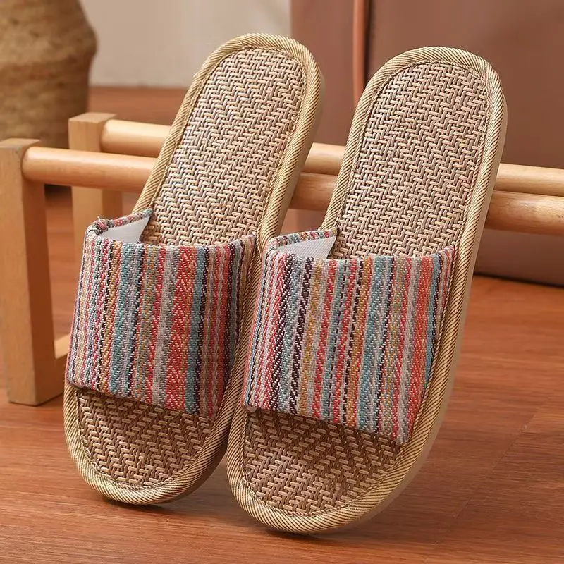 

Women's New Flat Sole Home Linen Slippers Open Toe Summer Rubber Sole Non Slip Breathable Anti Odor Home Slippers Floor Slippers