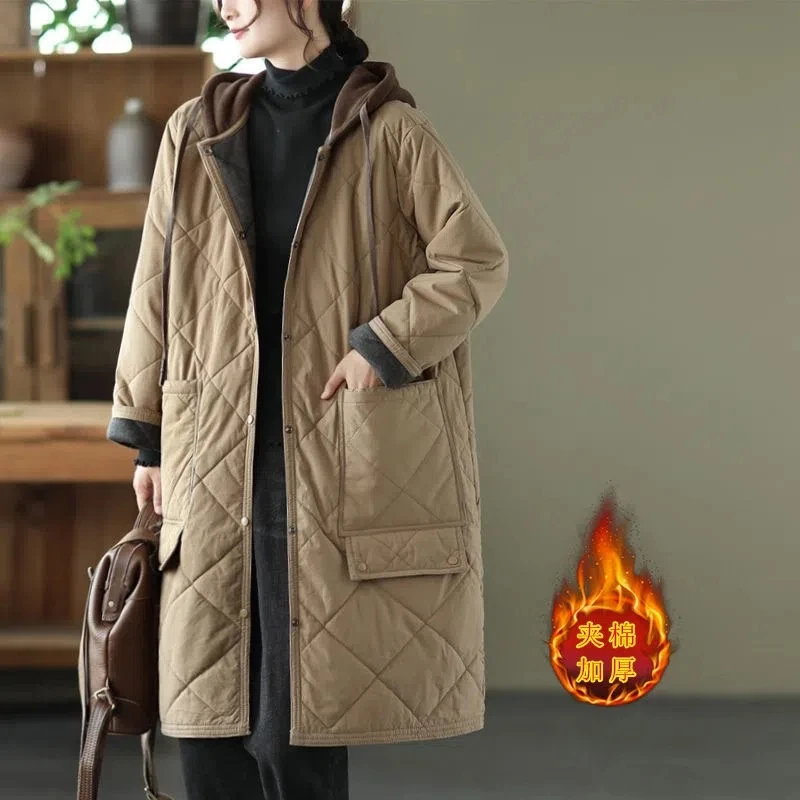 Winter New Literature and Art Large Lingge Hooded Cotton Jacket Women's Loose Relaxed Medium length Cotton Jacket Female Parka