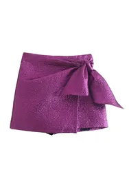 New Women High Street Bow Decoration Texture Purple Shorts Skirts Lady Zipper Fly Hot Shorts Chic Pantalone Cortos QUN938