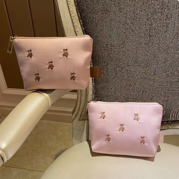 Japanese Cute Bear Exquisite Embroidery Small Buggy Bag Lady Girls Pink Cosmetic Bag Fashion Women\'s Satin Drawstring Storage