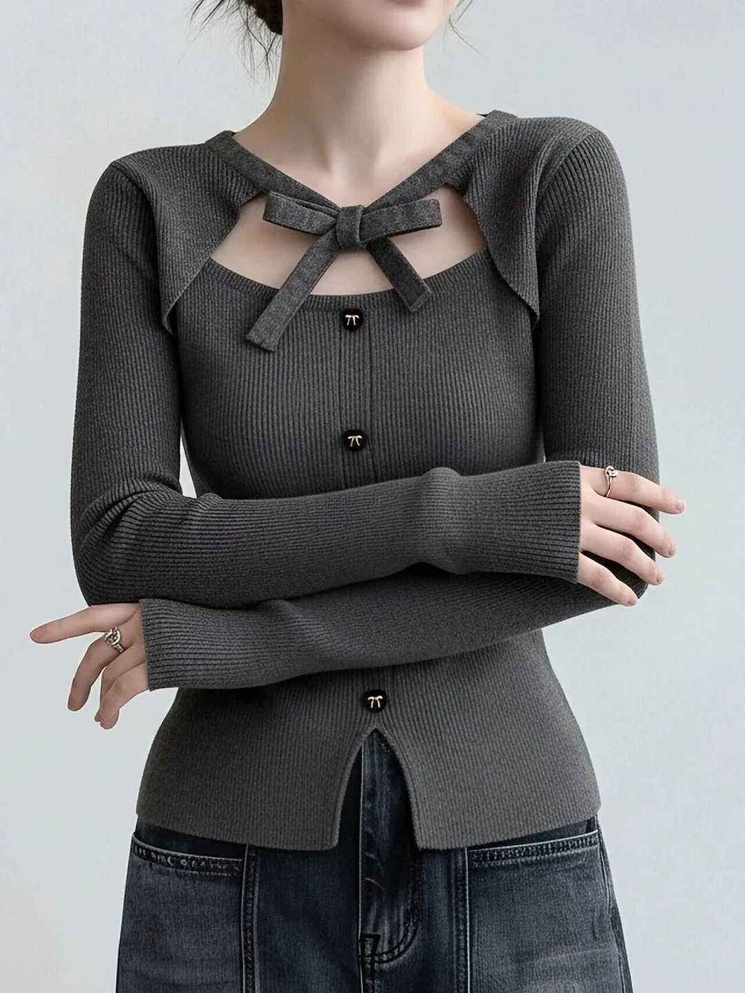Fashionable Lace Knitted Sweater Fake Two-Piece Base Shirt Women Spring Autumn Inner Match High-End Sense Super Good Looking ...