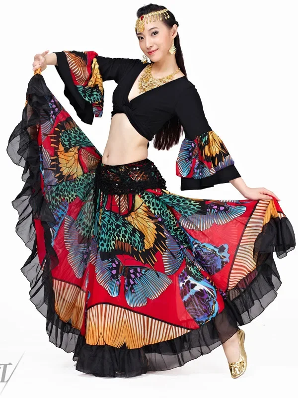 Zigeuner Swing Rok Chiffon Grote Cirkel Buikdans Kostuum Outfit Print Choli Top Wrap Blouse Hoorn Mouw Danser Performance Show