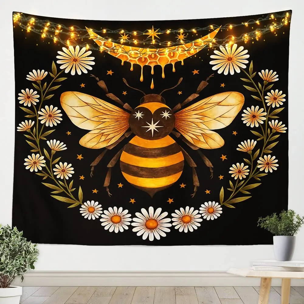 

Bee Daisy Flower Pattern Tapestries Bohemian Hippie Psychedelic Tapestries Wall Hanging For Home Dorm Bedroom Living Room Decor