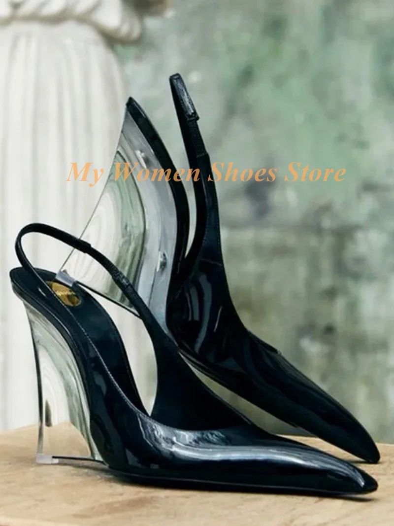 Wedges Transparent Heel Slingback Pumps Sexy Pointy Toe Red Parent Leather Slip On Runway 2026 Spring Women Dress Shoes
