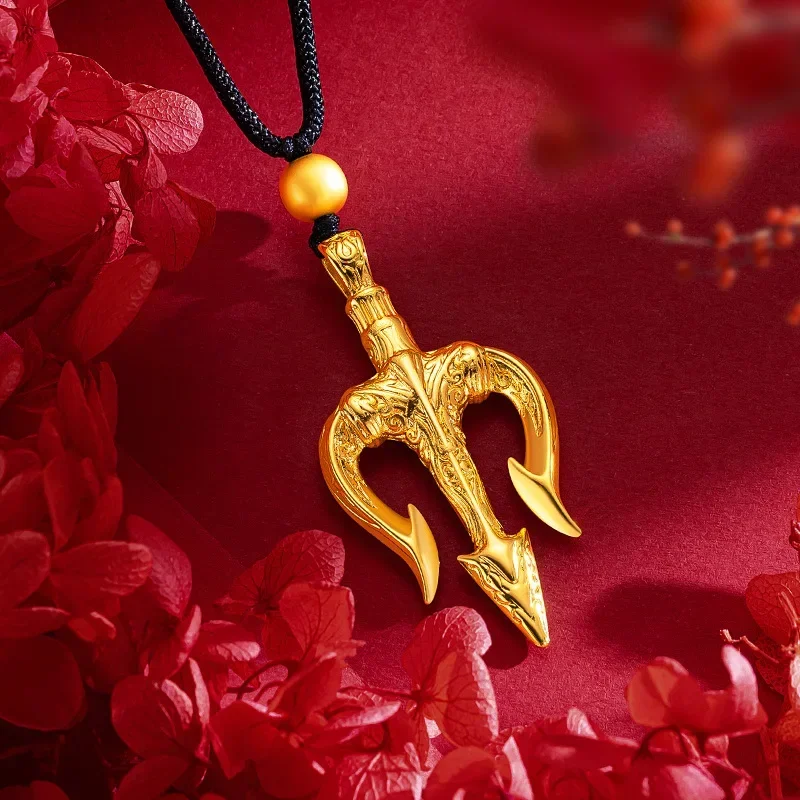 9999 oro Real 24K Neptuno Tridente COLLAR COLGANTE oro masculino personalidad dominante Poseidón arpón Tridente colgante