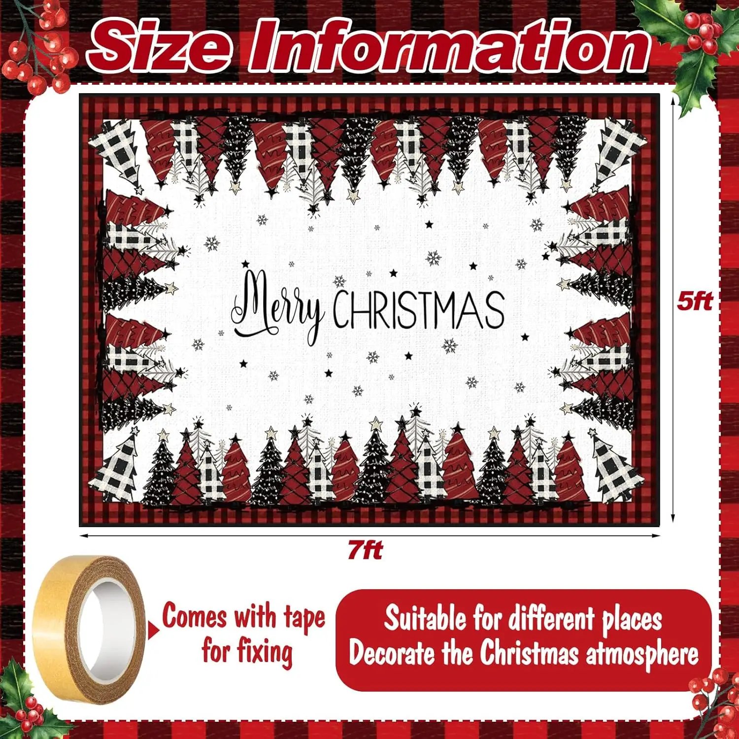 Merry Christmas Area Rug Christmas Living Room Carpet Red and Black Buffalo Plaid Kitchen Decor Non Slip Snowflake Washable Mat