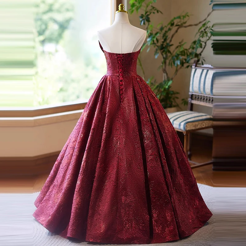 AnXin SH princess wine red flower satin strapless sleeveless big bow stage ball gown lace up party customized evening dress