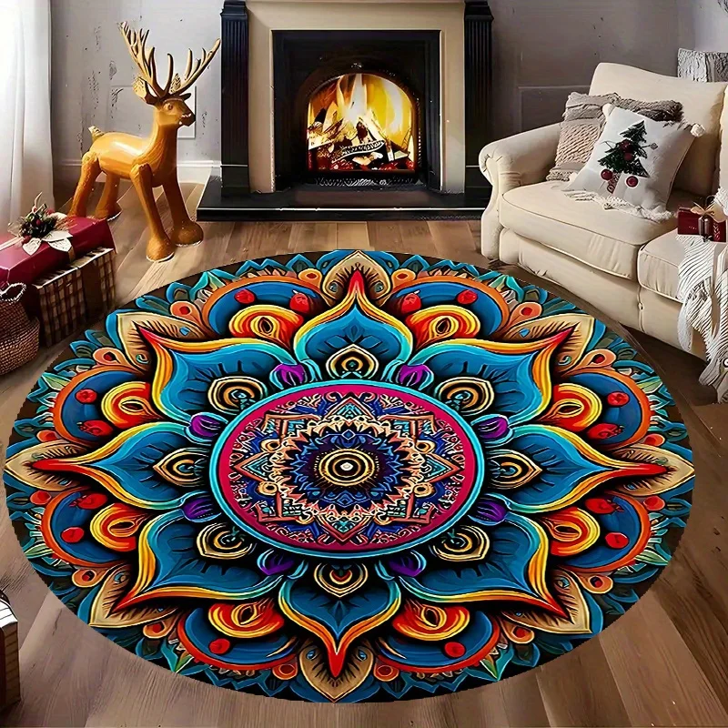 Colorful Mandala Round Rug Flannel Bohemian Spiritual Floor Meditative Pattern Decor Yoga Room Living Room Bedroom Soft Vibrant