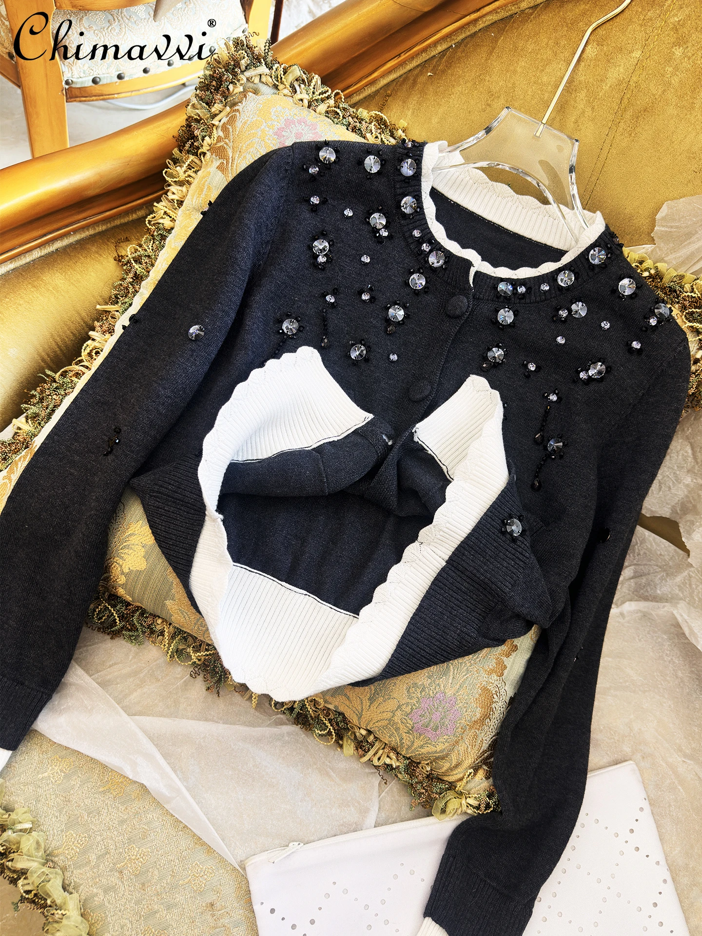 

French Sweet Elegant Socialite Diamond Round Neck Long Sleeve Single-breasted Loose Casual Versatile Knitted Cardigan Top Women